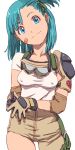  1girl aoi_nori_(aoicoblue) asymmetrical_clothes bandaid bandaid_on_face blue_eyes blue_hair breasts bulma closed_mouth dragon_ball dragon_ball_(classic) gloves goggles looking_at_viewer medium_hair own_hands_together side_ponytail simple_background single_pantsleg solo standing white_background 