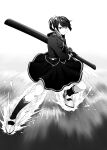  1girl absurdres commentary_request female_admiral_(kancolle) full_body furrowed_brow gloves greyscale highres huge_weapon kana_haruki kantai_collection medium_skirt monochrome nakama_saori ponytail sheath sheathed skirt solo speed_lines sword water weapon 