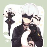  1boy 1girl black_blindfold black_hairband blindfold boots choker covered_eyes dog dual_persona feather-trimmed_sleeves feather_trim furrification furry hairband highres juliet_sleeves leotard long_sleeves missaka mole mole_under_mouth nier:automata nier_(series) puffy_sleeves short_hair snow_leopard thigh-highs thighhighs_under_boots white_leotard yorha_no._2_type_b yorha_no._9_type_s 