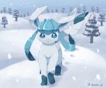  artist_name blue_eyes chestnut_mouth footprints full_body glaceon highres ibusaki_(ivu) looking_at_viewer outdoors pine_tree pokemon pokemon_(creature) snow snow_on_head snowing solo tree 