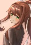  1girl blazer blush bow brown_background brown_hair brown_jacket closed_mouth commentary_request commission doki_doki_literature_club from_side green_eyes hair_bow hair_ribbon highres imasogari jacket long_hair looking_at_viewer looking_to_the_side monika_(doki_doki_literature_club) ponytail ribbon school_uniform sidelocks simple_background skeb_commission smile solo upper_body white_bow white_ribbon 