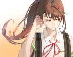  1girl arm_up backpack bag brown_eyes brown_hair closed_mouth gradient_background hair_between_eyes hair_ornament hairclip looking_away neck_ribbon pengpeng_dohyung ponytail red_ribbon ribbon school_uniform shirt short_sleeves simple_background solo suzume_(suzume_no_tojimari) suzume_no_tojimari swept_bangs upper_body white_shirt 