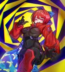  1girl adapted_costume akatsuki_records belt bodysuit bow cape fang hair_bow highres looking_at_viewer red_eyes redhead rock_&#039;n&#039;_rock_&#039;n&#039;_beat sekibanki short_hair simple_background skin_fang smug solo thick_thighs thighs touhou zacarin_hobbiton 