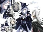  3girls animal_hat arknights ascot belt_collar bird black_cape black_coat black_gloves black_shirt braid cape capelet coat coat_on_shoulders collar cropped_shoulders cropped_torso earrings gladiia_(arknights) glaring gloves grey_eyes grey_hair hair_over_one_eye hand_on_another&#039;s_shoulder harness hat head_wings height height_difference high_collar holding_hands imagining irene_(arknights) jewelry laughing long_hair looking_at_another looking_down multicolored_clothes multicolored_skirt multiple_girls multiple_views nervous open_clothes open_coat open_mouth pants partially_translated pink_skirt pointy_ears pointy_hat red_eyes red_pupils scar scar_across_eye shirt short_bangs short_eyebrows silhouette skadi_(arknights) skadi_the_corrupting_heart_(arknights) skirt staring sweat swordfish tight tight_pants translation_request trembling triangle_mouth tricorne underbust v-shaped_eyebrows white_ascot white_background white_capelet white_pants white_skirt yomosaka 