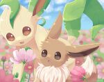  blue_sky blurry blurry_background brown_eyes bud chestnut_mouth clouds eevee field flower flower_field fluffy highres ibusaki_(ivu) leafeon looking_at_flowers no_humans open_mouth outdoors pink_flower pokemon pokemon_(creature) sky smile 