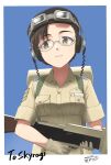  1girl absurdres beret blue_background braid breasts brown_hair collared_shirt commission commissioner_name commissioner_upload dated eleanor_dickens epaulettes glasses gloves goggles goggles_on_headwear gun half_body hat headphones highres makaze_(t-junction) medium_breasts medium_hair military military_rank_insignia military_uniform non-web_source shirt signature simple_background skeb_commission sleeves_rolled_up solo swept_bangs trigger_discipline uniform weapon witches_of_africa world_witches_series 