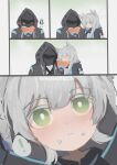  ! 1girl 1other absurdres animal_ear_fluff animal_ears arknights blush cat_ears closed_eyes closed_mouth crepe eating food food_on_face green_eyes grey_hair highres holding holding_food hood long_hair looking_at_viewer pov rosmontis_(arknights) speech_bubble spoken_exclamation_mark wawamachi_(wawamachis) 