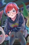  1girl :d absurdres berry_(pokemon) blue_hair blurry blurry_foreground bowl commentary_request depth_of_field eyelashes glasses grey_eyes highres holding holding_bowl hood hoodie indoors leafeon long_sleeves looking_down manta_shinkai multicolored_hair open_mouth pantyhose penny_(pokemon) pet_bowl poke_ball_print pokemon pokemon_(creature) pokemon_(game) pokemon_sv redhead round_eyewear short_hair smile squatting sylveon teeth tongue two-tone_hair 