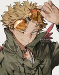  1boy blonde_hair boku_no_hero_academia ear_piercing green_jacket hawks_(boku_no_hero_academia) jacket jewelry kadeart male_focus piercing red_wings ring shirt simple_background solo solo_focus sunglasses white_background white_shirt wings yellow_eyes 
