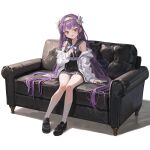  1girl absurdres black_footwear blush commentary couch english_commentary flower full_body hair_flower hair_intakes hair_ornament hairband head_tilt highres knees_together_feet_apart loafers long_hair off_shoulder on_couch open_mouth original purple_hair red_eyes rune_(dualhart) shoes sidelocks simple_background sitting socks solo very_long_hair white_background white_socks yurina_(rune_(pixiv_25170019)) 