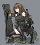  armored_boots armored_gloves assault_rifle boots brown_eyes brown_hair detached_sleeves girls_frontline green_leotard gun highres holding holding_gun holding_weapon leotard m4_carbine m4a1_(girls&#039;_frontline) non-web_source rifle weapon 