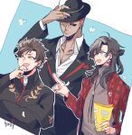  3boys :d ahoge artist_name black_hair black_headwear black_jacket black_nails black_sclera blue_background border brown_hair brown_shirt collared_jacket collared_shirt colored_sclera constantine_xi_(fate) dark-skinned_male dark_skin earrings fat fat_man fate/grand_order fate_(series) fedora flower_(symbol) green_eyes grey_eyes hair_between_eyes half_updo hally hand_on_headwear hand_on_own_chin hat highres holding holding_paper jacket jewelry julius_caesar_(fate) lapel_pin lip_piercing long_hair long_sleeves looking_to_the_side male_focus multiple_boys multiple_rings necklace nose_piercing official_alternate_costume open_clothes open_collar open_jacket outline paper pectoral_cleavage pectorals pendant petals piercing pince-nez plaid plaid_jacket pocket_square pointing red_eyes red_jacket ring romulus_(fate) shirt short_hair smile suit_jacket swept_bangs turtleneck upper_body white_border white_outline white_shirt 