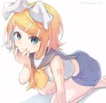  1girl :t arched_back bare_shoulders blonde_hair bow crop_top flat_chest frown green_eyes grey_shorts hair_bow hair_ornament hairclip kagamine_rin kneeling leaning_forward looking_at_viewer midriff number_tattoo pout reki_(arequa) sailor_collar shirt shorts shoulder_tattoo sleeveless sleeveless_shirt solo tattoo vocaloid white_bow white_shirt yellow_nails 