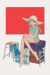  1girl bare_legs blonde_hair blue_eyes box cardboard_box collared_dress desk dress flats hands_on_lap hat highres long_hair looking_ahead original own_hands_together red_background sharp911 short_dress short_sleeves sitting smile solo sun_hat 
