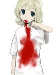  1girl arm_at_side blonde_hair blood blood_from_mouth blood_on_clothes blood_on_face blood_stain blue_eyes brushing_teeth clenched_hand covered_mouth dot_nose hand_up holding holding_toothbrush looking_at_viewer luv original shirt short_hair short_sleeves simple_background solo t-shirt toothbrush upper_body wavy_hair white_background white_shirt 