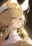  1girl absurdres animal_ears arknights beret blonde_hair brown_eyes commentary_request dorothy_(arknights) gloves hair_between_eyes hat highres jacket long_hair long_sleeves looking_away looking_to_the_side low_twintails njnywy off_shoulder solo twintails white_headwear white_jacket yellow_gloves 