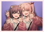  1girl 1other :d akiyama_mizuki androgynous animal_ears bear_ears blush border bow brown_eyes brown_hair claw_pose clothes_writing commentary_request drawstring fang friends hair_bow hair_over_shoulder hood hood_down hoodie jacket korean_commentary light_blue_background long_hair long_sleeves looking_at_viewer namgic open_clothes open_jacket open_mouth pink_eyes pink_hair pink_jacket project_sekai red_bow shinonome_ena short_hair shoulder_strap side_ponytail sidelocks smile unzipped upper_body white_border white_hoodie zipper 