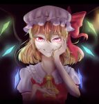  1girl blonde_hair bonnet crystal dress flandre_scarlet hair_ribbon hand_on_own_face looking_at_viewer medium_hair red_eyes red_skirt ribbon skirt solo touhou wings 