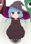  1girl blue_hair blunt_bangs blurry blurry_foreground boots cloak facial_mark from_above hat high_collar highres jitome kobayashi-san_chi_no_maidragon long_hair looking_at_viewer low_twintails mask pointy_ears samansa_ex smile solo twintails violet_eyes whisker_markings witch witch_(kobayashi-san) witch_hat 