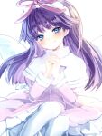  1girl angel_wings blue_eyes blush bow dress feli_(puyopuyo) long_hair looking_at_viewer own_hands_together pink_bow puyopuyo simple_background smile solo violet_eyes white_background white_dress white_feli white_wings wings yosaki_(shoki1white) 