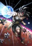  abs armor bardock bleeding blood blood_on_clothes blood_on_face broken_armor bruise cuts dragon_ball dragon_ball_z hifumi_o123 highres injury monkey_tail muscular muscular_male pectorals saiyan saiyan_armor scar scar_on_cheek scar_on_face scouter scratches spiky_hair tail wristband 