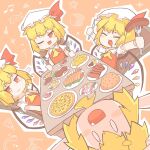 4girls blonde_hair bonnet clone crystal fang flandre_scarlet food highres holding_utensil looking_at_viewer multiple_girls one_eye_closed red_ribbon ribbon sitting table touhou wings zenerat 