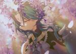  1boy absurdres bead_necklace beads covering_mouth facial_mark flower forehead_mark genshin_impact green_hair half-closed_eyes highres jewelry male_focus multicolored_hair necklace purple_flower upper_body wisteria xiao_(genshin_impact) xiaobaitu85243 yellow_eyes 