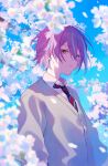  1boy 32_oogawa blue_hair blue_necktie blue_sky blurry blurry_foreground branch brown_eyes buttons cardigan cherry_blossoms collared_shirt commentary_request day depth_of_field diagonal-striped_necktie diagonal_stripes earrings expressionless flower grey_cardigan hair_between_eyes highres jewelry kamishiro_rui kamiyama_high_school_uniform_(project_sekai) long_sleeves looking_at_viewer male_focus multicolored_hair necktie outdoors parted_lips petals pink_flower project_sekai purple_hair school_uniform shirt short_hair sidelocks sky solo streaked_hair striped striped_necktie stud_earrings upper_body white_shirt wing_collar 