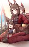  3girls =_= absurdres akagi-chan_(azur_lane) amagi-chan_(azur_lane) amagi_(azur_lane) animal_ear_fluff animal_ears azur_lane bell breasts brown_tail choker closed_eyes closed_mouth commentary dual_persona floor fox_ears hair_brush hair_ornament hand_on_another&#039;s_head highres holding indoors japanese_clothes kimono kyuubi large_breasts long_hair multiple_girls multiple_tails on_floor one_eye_closed open_mouth purple_shirt red_kimono samip shirt short_hair sitting sitting_between_lap tail thigh-highs very_long_hair violet_eyes 