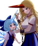  2girls :d absurdres blonde_hair blue_dress blue_eyes blue_hair blue_skirt breasts cirno closed_mouth collared_shirt cuffs dress fairy highres horns hoshiguma_yuugi ice ice_horns ice_wings large_breasts long_hair looking_at_another mikan_(manmarumikan) multiple_girls neck_ribbon oni open_mouth pinafore_dress puffy_short_sleeves puffy_sleeves red_eyes red_horns red_ribbon ribbon shackles shirt short_hair short_sleeves simple_background single_horn skirt smile star_(symbol) touhou white_background white_shirt wings 