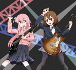  2girls black_background blue_eyes blue_jacket blue_skirt bocchi_the_rock! brown_eyes brown_hair commentary_request crossover electric_guitar fieldpig gibson_les_paul gotou_hitori grey_skirt guitar hair_ornament highres hirasawa_yui holding holding_instrument holding_plectrum instrument jacket k-on! multiple_girls music nervous_smile pink_hair pink_jacket playing_instrument plectrum sakuragaoka_high_school_uniform school_uniform shirt skirt smile stage_lights track_jacket white_shirt yamaha_pacifica 