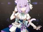  1girl :3 ame. animal_ear_fluff animal_ears blue_shorts blush bow cat_ears cat_girl cat_tail closed_mouth commentary_request cropped_jacket hair_between_eyes hair_bow hand_up highres hololive jacket looking_at_viewer nekomata_okayu open_clothes open_jacket puffy_short_sleeves puffy_sleeves purple_hair shirt short_sleeves shorts smile solo tail violet_eyes virtual_youtuber white_bow white_jacket white_shirt wrist_cuffs 