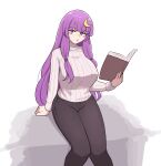  1girl absurdres blunt_bangs book crescent crescent_hair_ornament hair_ornament highres long_hair looking_at_viewer mata_(matasoup) pants patchouli_knowledge purple_hair sidelocks simple_background solo sweater touhou turtleneck turtleneck_sweater very_long_hair violet_eyes white_background 