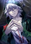  1boy chain collar danganronpa_(series) danganronpa_2:_goodbye_despair green_jacket grey_eyes highres hood hood_up jacket komaeda_nagito kusatakesi looking_at_viewer looking_down male_focus shirt smile solo steepled_fingers white_hair white_shirt 