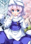  1girl apron blue_skirt blue_vest cherry_blossoms hair_between_eyes hat highres letty_whiterock light_purple_hair looking_at_viewer one-hour_drawing_challenge ruu_(tksymkw) short_hair skirt snow snowing touhou vest white_headwear 