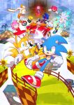  3girls 6+boys absurdres amy_rose arq_013x blue_eyes boots cream_the_rabbit cubot dr._eggman dress flower fox_tail green_eyes green_hill_zone highres knuckles_the_echidna metal_sonic multiple_boys multiple_girls multiple_tails orbot red_dress red_eyes red_footwear robot sage_(sonic) shoes silver_the_hedgehog smile sneakers sonic_(series) sonic_the_hedgehog tail tails_(sonic) two_tails yellow_eyes 