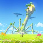  bacteriophage_(virus) blue_flower blue_sky brown_footwear brown_pants clouds commentary day facing_away flower flying_whale from_behind grass highres katou_oswaldo looking_at_object orange_flower original outdoors pants pink_flower purple_flower scenery signature sky virus whale 