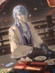  1boy alternate_costume architecture blue_eyes blue_hair blurry blurry_background east_asian_architecture falling_petals genshin_impact gloves hair_between_eyes highres japanese_clothes kamisato_ayato long_hair looking_at_viewer male_focus mole mole_under_mouth petals 