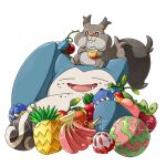  :d applin artist_name berry_(pokemon) closed_eyes commentary darkvoiddoble eating fangs food food_on_face holding no_humans open_mouth pokemon pokemon_(creature) skwovet smile snorlax tongue watermark white_background 