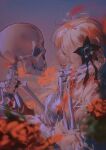  1girl absurdres black_flower blonde_hair blurry blurry_foreground closed_mouth expressionless film_grain flower from_side hair_flower hair_ornament hand_on_another&#039;s_face hand_up highres holding_another&#039;s_arm isekai_joucho kamitsubaki_studio long_hair long_sleeves looking_at_another messy_hair multicolored_hair profile red_flower redhead shirt sidelocks skeleton streaked_hair suzukasuraimu twitter_username upper_body virtual_youtuber wavy_hair white_shirt 