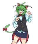  1girl ahoge androgynous animal_collar animal_ears antennae blush bobotatamu bow buttons cat_ears cat_girl cat_tail collar collared_shirt commentary_request crossed_bangs fang feet_out_of_frame green_eyes green_hair grey_shorts highres kemonomimi_mode long_sleeves looking_at_viewer open_mouth paw_pose red_bow shirt short_hair shorts simple_background smile solo tail tail_bow tail_ornament touhou white_background white_shirt wriggle_nightbug 