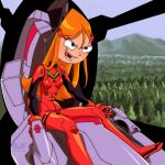  1girl absurdres angry benny_bee blue_eyes candace_gertrude_flynn cockpit cosplay eva_02 evangelion_(mecha) forest highres long_hair mountain mountainous_horizon nature neon_genesis_evangelion orange_hair phineas_and_ferb plugsuit smug souryuu_asuka_langley souryuu_asuka_langley_(cosplay) toon_(style) 
