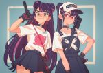  2girls barcode baseball_cap black_gloves black_hair black_skirt blue_background border brown_eyes choker collarbone cowboy_shot double_bun e503com earrings gloves hair_bun hand_on_hip hat high_ponytail highres holding holding_sword holding_weapon holster hoop_earrings jewelry long_hair looking_at_viewer mole mole_under_eye multiple_girls original pleated_skirt ponytail red_eyes sheath sheathed shirt sidelocks simple_background skirt smile sword thick_eyebrows twintails weapon white_border white_shirt 