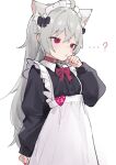 ...? 1girl animal_ear_fluff animal_ears apron bandaid bandaid_on_face bandaid_on_nose black_shirt bow bowtie character_name collar dress_shirt extra_ears fenrir_(fenriluuu) grey_hair highres long_hair long_sleeves maid maid_apron maid_headdress name_tag open_mouth original red_bow red_bowtie red_eyes rir-chan shirt simple_background white_apron white_background wolf_ears wolf_girl 