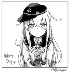  1girl chocolate english_text food gou_(double_trigger) greyscale hat heart hibiki_(kancolle) holding holding_chocolate holding_food kantai_collection long_hair looking_at_viewer monochrome pov school_uniform serafuku signature simple_background solo twitter_username upper_body white_background white_day 