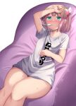  1girl absurdres aqua_eyes arm_up blunt_bangs breasts chiyoda_momo collarbone couch curvy eyebrows_hidden_by_hair fingernails hair_ornament hand_on_own_stomach highres kajitsu_no_hito legs_together lying machikado_mazoku on_back on_couch pink_hair shirt short_hair short_sleeves sick simple_background small_breasts solo sweat thermometer thighs white_background white_shirt 