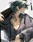  1boy absurdres alternate_costume alternate_hairstyle belt black_hair black_nails chest_tattoo earrings genshin_impact green_hair highres holding holding_umbrella jewelry male_focus multicolored_hair profile solo tassel tattoo umbrella upper_body xiao_(genshin_impact) yionyi23 