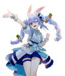  1girl animal_ears arm_up blue_hair blue_shorts bow braid dress gotoh510 hair_between_eyes hand_up highres hololive idol long_hair multicolored_bow multicolored_hair one_eye_closed open_hand open_mouth orange_eyes rabbit_ears rabbit_girl short_eyebrows shorts simple_background smile solo thick_eyebrows twin_braids twintails usada_pekora virtual_youtuber white_background white_dress wristband 
