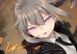  1girl black_jacket black_necktie brown_background collared_shirt cropped dutch_angle girls_frontline gou_(double_trigger) grey_hair hair_between_eyes jacket lowres m200_(girls&#039;_frontline) medium_hair necktie open_mouth shirt solo sparks upper_body violet_eyes white_shirt zipper 