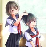  2girls absurdres awazake_(2wairu) black_hair blue_sailor_collar blue_skirt blurry blurry_background blush brown_hair chair closed_mouth collarbone commentary_request hair_tie hair_tie_in_mouth hands_up highres long_hair looking_at_another looking_back mouth_hold multiple_girls neckerchief open_mouth original ponytail red_eyes red_neckerchief revision sailor_collar school_uniform serafuku shirt short_hair short_sleeves sitting skirt smile standing summer_uniform violet_eyes white_shirt window yuri 